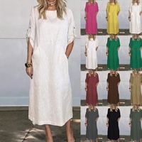 Robe mi-longue vintage en lin, coupe ample, col rond, manches à revers, tenue décontractée d'été pour femme 2026