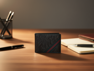 Portafoglio da uomo in vera pelle con motivo a palma, chiusura a piega, modello corto - Product Image 2