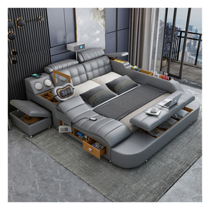 Lit double en cuir moderne simple Massage multifonctionnel intelligent avec projecteur Lit de rangement Lit de reine du sexe d'hôtel - Product Image 1