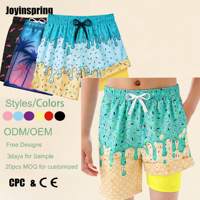 Celana Pendek Pantai Cepat Kering dengan Logo Custom, Tali Serut, 90% Polyester 10% Spandex, Celana Renang Anak Laki-laki, Celana Pendek Tenun Lapis Ganda