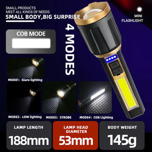 ไฟฉาย LED แบบสองแสง ชาร์จผ่าน USB ซูมได้ ไฟฉายยุทธวิธี พร้อมไฟสปอตไลท์ด้านหน้า ไฟ COB ด้านข้าง และไฟแสดงสถานะพลังงาน - Product Image 2