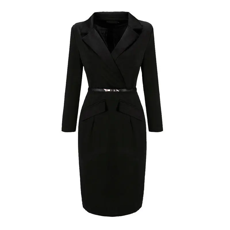 Solid Long sleeve V Neck Formal Suit Dress for lady Slim Fit women's casual business dresses