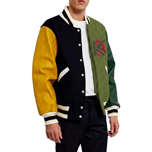 Chaqueta Varsity Dorada Casual para Hombre KVJ124 Multicolor con Mangas de Cuero y Lana, Parches de Chenilla, Cierre de Botones Bordados - Product Image 3