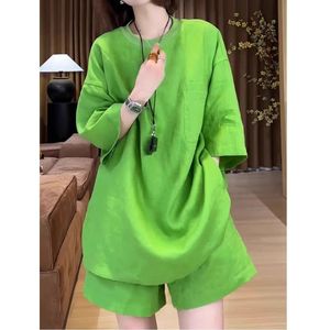 Women's Cotton <b>Linen</b> <b>Two</b> <b>Piece</b> Set Short Sleeve Shorts Loose Solid Color Breathable Casual Summer Outfit Green Gray Brown - Product Image 3