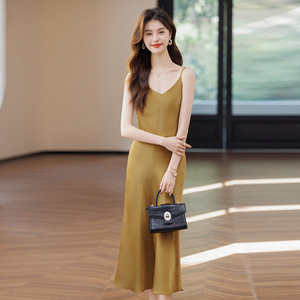 Stylish V Neck <b>Spaghetti</b> <b>Strap</b> Slip Dress Solid Color Acetate Satin Long Evening Dress For Women Natural Waistline - Product Image 2