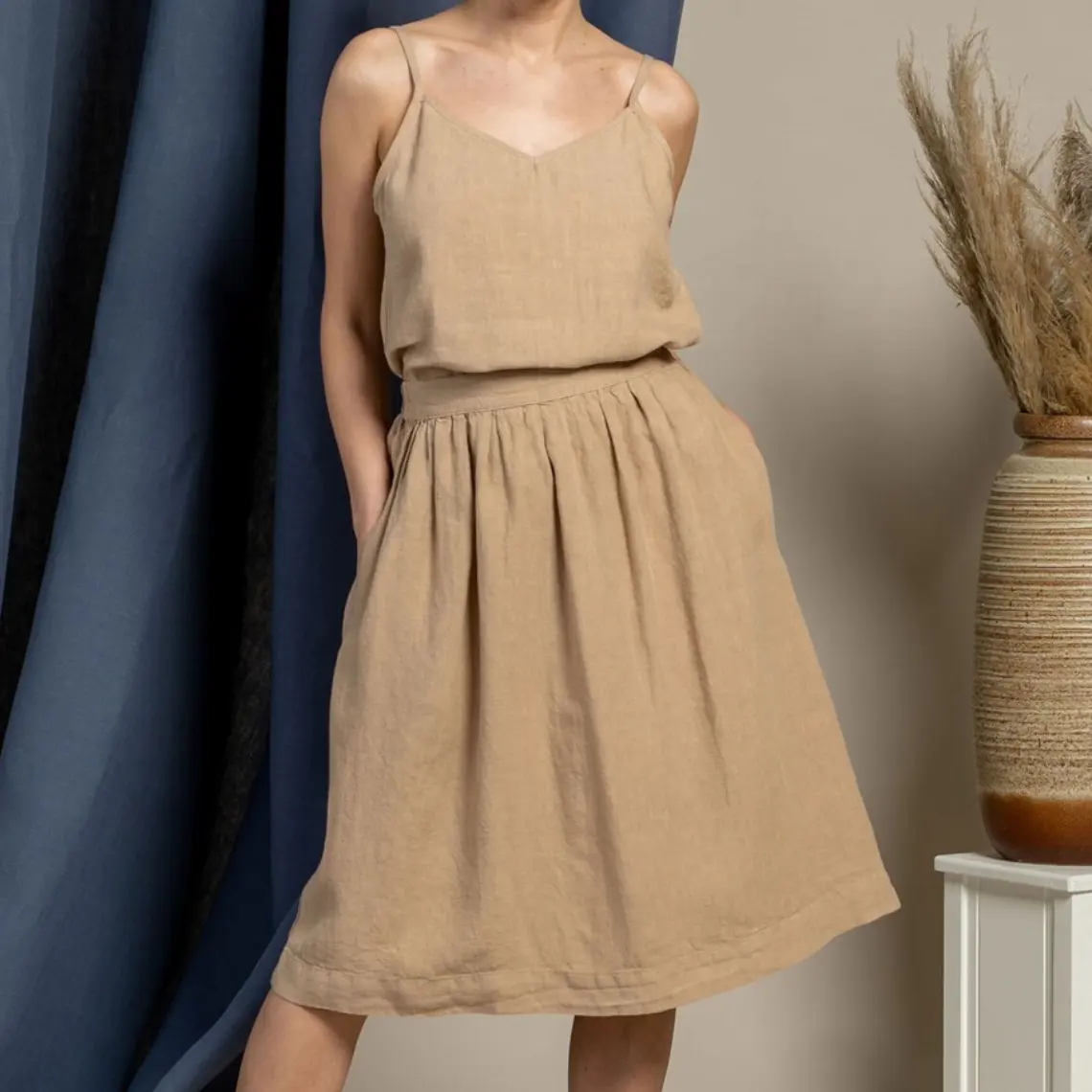 Falda larga de lino de dos piezas sin mangas de verano hecha a medida y camisa Halter