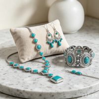 Colliers pendentifs bohèmes vintage en pierre turquoise multi-formes, boucles d'oreilles pendantes à pampilles en forme de goutte, bracelets larges creux gaufrés pour femme