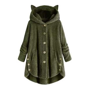 Manteau d'hiver chaud et épais en polaire écologique décontracté pour femmes, double face en peluche, longueur courte, à capuche, manches longues, simple boutonnage - Product Image 5