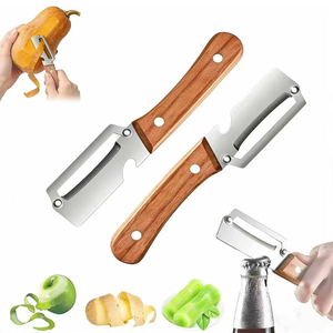 Éplucheur de légumes 2-<span class=keywords><strong>en</strong></span>-1 <span class=keywords><strong>en</strong></span> acier inoxydable avec manche <span class=keywords><strong>en</strong></span> bois massif, ouvre-bouteille, couteau éplucheur manuel <span class=keywords><strong>en</strong></span> métal pour fruits et pommes de terre - Product Image 1