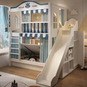Cama litera infantil con barandilla alta, cama doble para niños <span class=keywords><strong>de</strong></span> uso doméstico, litera con tobogán, cama combinada - Product Image 3