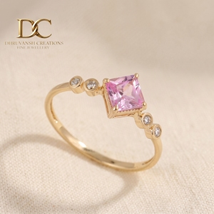 Bague de fiançailles de luxe moderne en or massif 14 carats avec diamant de laboratoire taille brillant rond et saphir padparadscha de laboratoire - Product Image 5