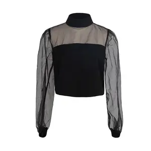 Blusa de manga larga con cuello alto para mujer, blusa Sexy de color negro con malla transparente