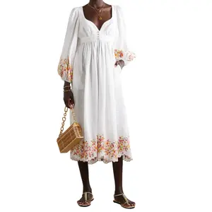 Manufacturers Custom Women White Elegant Evening Long-Sleeve Dresses Ladies Embroidery Sexy White Casual Loose Linen Dress