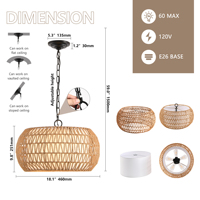 Luminaire suspendu de style farmhouse de 18 pouces avec hauteur réglable, luminaire suspendu en corde de jute tressée de style bohème (ampoule non incluse)