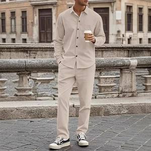 Erkek rahat hırka uzun kollu pantolon 2 parça takım elbise erkekler kadife düğme aşağı gömlek iki adet setleri - Product Image 4