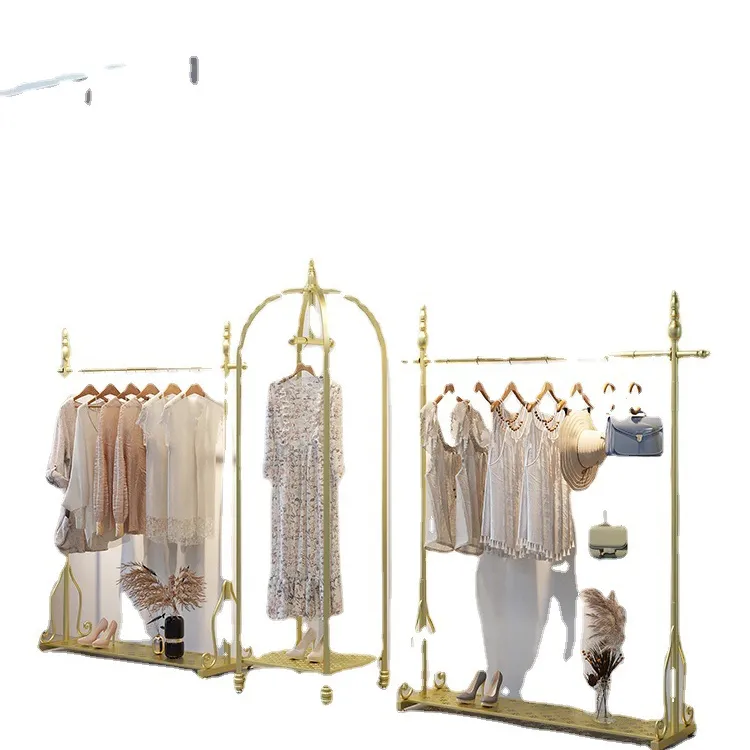 Light luxury iron floor shelf golden clothing store display rack display rack floor-to-ceiling creative hanger