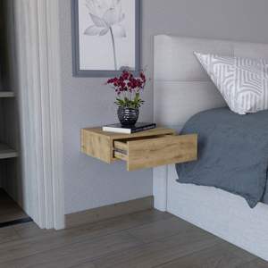 Mesita de noche flotante DB Milano Macadamia, 2 cajones, mesa auxiliar con espejo/mesa auxiliar para dormitorio, mesita de noche montada en la pared para apartamento - Product Image 4