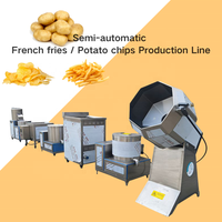 Semi-automatische productielijn voor kleine schaal productie van frieten, inclusief wassen, snijden, blancheren, frituren, ontwateren, ontvetten, kruiden en verpakken.