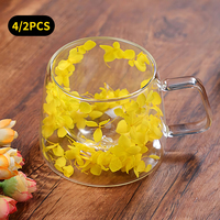2 Pcs 4pcs Market Popular 205ML Yellow Modern Water Coffee Juice Freezeable Tasses en verre à double paroi avec poignée et fleur sèche