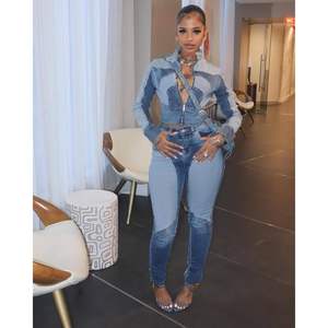 Ensemble deux pièces en jean personnalisé 2026 pour femme : veste courte à manches longues et jean color block style Y2K avec fermetures éclair - Product Image 3