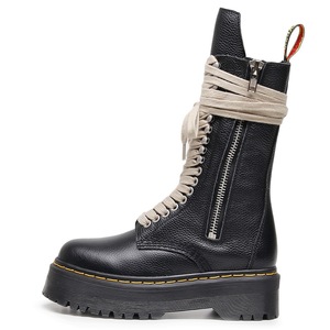 Botas de locomotora de suela gruesa con 18 agujeros para mujer, con cremallera lateral, diseño de lichi, botas largas, cuero genuino - Product Image 3