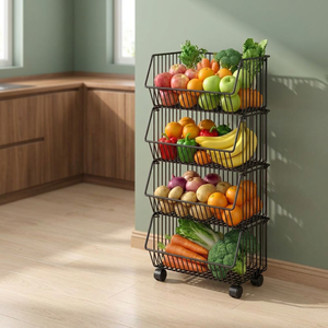 Four Tier <b>Wire</b> Storage <b>Rack</b> With Wheels For Kitchen Food Organization Modern Standing Type Non Folding Metal Basket - Product Image 6