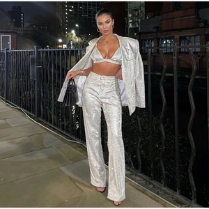 King Mcgreen Star 3 pezzi Outfit abiti da sera profondo scollo a V <span class=keywords><strong>donna</strong></span> manica lunga Blazer pantaloni con paillettes Night Club Party Set Sexy - Product Image 2