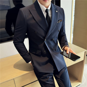 Traje de negocios de doble botonadura para hombre, conjunto de tres piezas de talla grande (chaqueta + chaleco + pantalón) para bodas, fiestas y series coreanas - Product Image 4