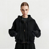 Sweat à capuche court pour femme en coton tricoté, personnalisé avec logo frontal, brodé et imprimé, double fermeture éclair, collection Hiver/Automne