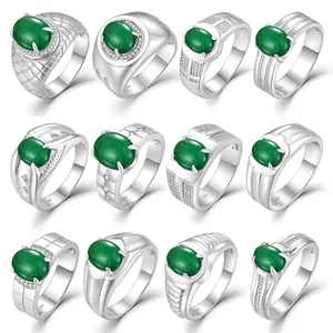 Wholesaler And Manufacturer 925 Silver Natural Agate Ring Oval Green Onyx Men's Rings Jewelry