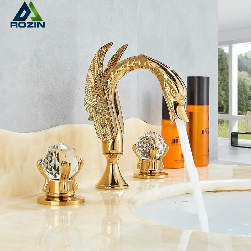 Luxury Golden Swan Shape Basin Tap Dual Crystal Handle Deck Mount Bathroom Mixer Taps Widespread Hot Cold Water Mixer Valve Tap