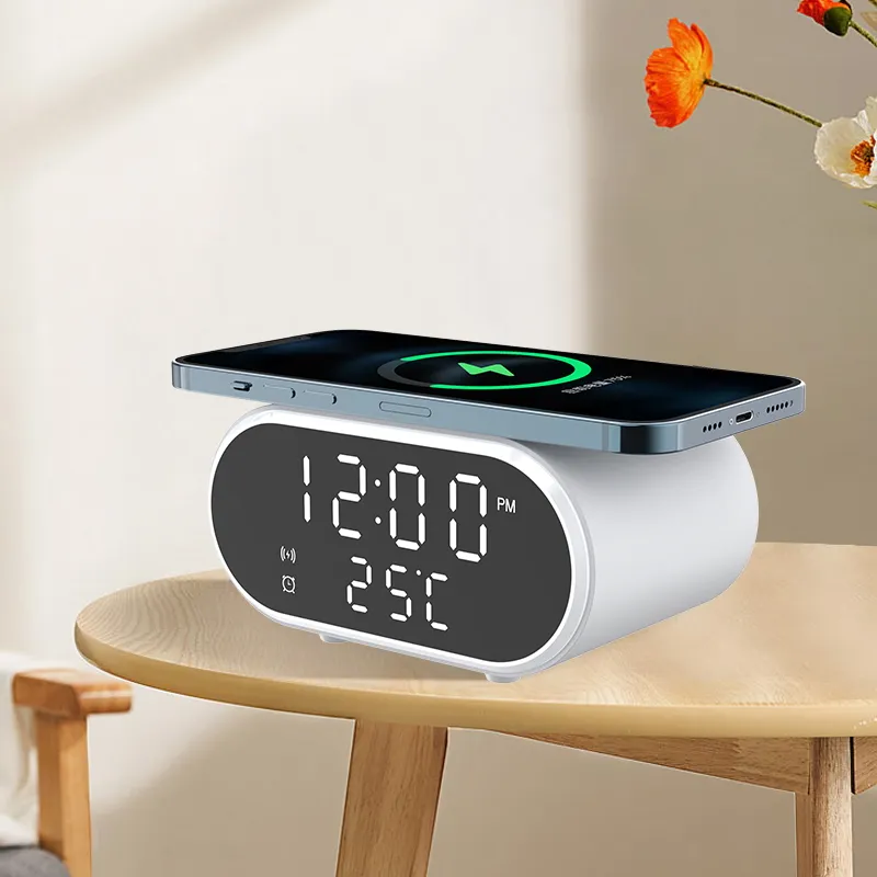 Korean Market Led Display Digital Alarm Clock With Qi Wireless Charger Temperature 15W Desktop Digital Clock Wireless Charger