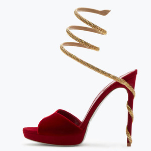 Sandales à talons hauts compensés pour femme avec strass, bride cheville, bout ouvert et talon aiguille en daim, ornées de cristaux sexy - Product Image 1