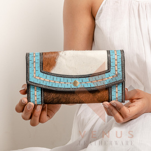 High Quality Women's Genuine Leather Purse Wallet Fashionable <b>Long</b> Design Clutch <b>Bag</b> with Open Closure and Decorative Feathers - Product Image 1