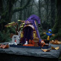 Ensemble de construction de maison chapeau de sorcière d'Halloween, scène effrayante avec arbre, pierre tombale, épouvantail, citrouille, briques, décoration DIY, cadeau2