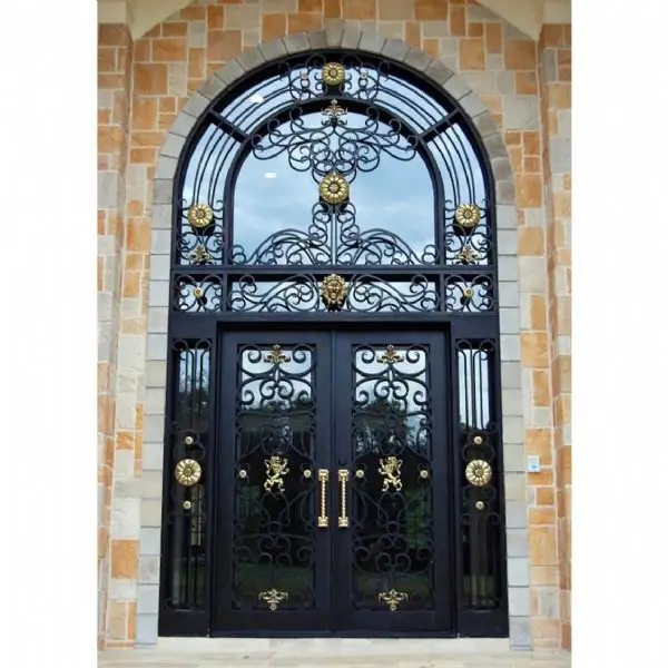 Royal Style Round Top Hand-Forged Iron Double Front Door With Tempered Glass