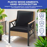 Ensemble de canapés modernes d'extérieur en rotin PE tressé, résistant, imperméable et lavable, avec table basse en fer à grain de bois imitation, pour patio – Vente chaude