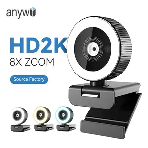 Anywii OEM Factory Webcam LED 2k UHD, kamera Web Sensor CMOS Zoom 8X auto fokus 30fps dengan mikrofon USB ganda Stereo