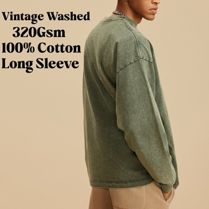 Custom Logo Vintage Washed 320Gsm 100% Cotton <b>Long</b> Sleeve <b>T</b>-<b>Shirt</b> Oversized O-Neck Men's Jersey Knit Solid Color Crewneck <b>Shirt</b> - Product Image 1