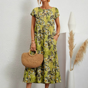 <span class=keywords><strong>Abito</strong></span> Estivo Casual da Donna in Chiffon Floreale e <span class=keywords><strong>Lino</strong></span> <span class=keywords><strong>di</strong></span> Cotone <span class=keywords><strong>con</strong></span> Tasche, Maniche Lunghe, Vestibilità Ampia, Linea ad A, <span class=keywords><strong>con</strong></span> Logo Frontale, Lunghezza Midi - Product Image 3