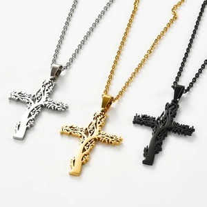 Pendentif Croix Arbre de Vie Creux en Acier Inoxydable pour Hommes et Femmes, Collier Hip Hop Punk Argent Or Noir, Breloque Bijou de Fête, Cadeau - Product Image 1