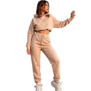 Women's Hooded <b>Crop</b> Sweatshirt & Matching <b>Joggers</b> Set Casual Solid Color Full Sleeve Drawstring Pants Loose Fit Autumn Wear - Product Image 1