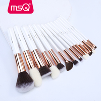 MSQ Lot de 15 pinceaux de maquillage professionnels, pinceau éventail blanc perlé pour fond de teint avec manche en or rose, entièrement fonctionnel