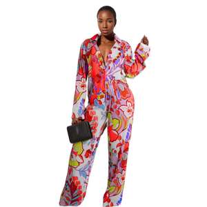 Unique Design Casual Floral Print Shirt Straight 2 Piece <b>Pants</b> Set Women Fashion - Product Image 1
