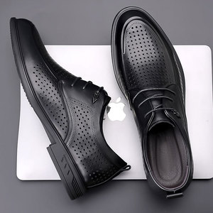 Chaussures habillées de bureau pour hommes en cuir véritable à bout pointu, respirantes et à lacets, idéales pour l'été - Product Image 4