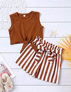 Set di vestiti estivi per ragazze 2 pezzi tinta unita Tie Top e pantaloncini a righe vestito da festa per bambine - Product Image 4