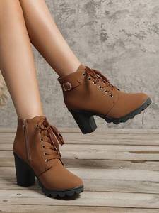 <span class=keywords><strong>Bottines</strong></span> à talon épais personnalisées pour femmes, <span class=keywords><strong>bottines</strong></span> en cuir PU à lacets avec fermeture éclair latérale et boucle, vente en gros OEM, bout rond - Product Image 1