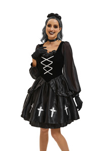 Costume da Donna Gotico, Abito Nero con Stampa a Croce, Corpetto con Lacci, Maniche Trasparenti, per Halloween e Spettacoli Teatrali - Product Image 6