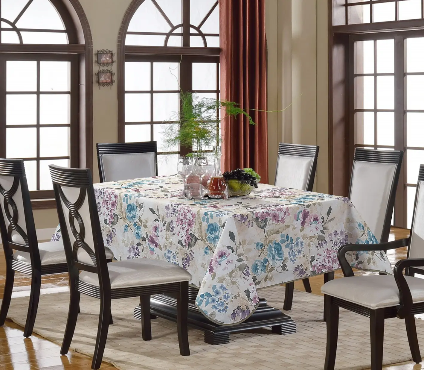 Toalha de mesa estampada floral, azul rosa, para uso de cozinha