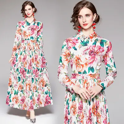 Wholesale Ladies Elegant Casual Shirt collar Dress Chiffon Floral Print XL XXL 3XL 4XL Plus size Dress For Women